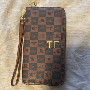 LF Brown Checkered Wallet with Gold Accents